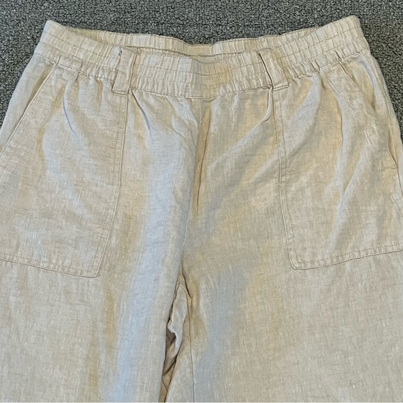 Lands End Pants Womens 14 Tan Linen Pull On Cropped Paper Bag Elastic Waist - Picture 2 of 9